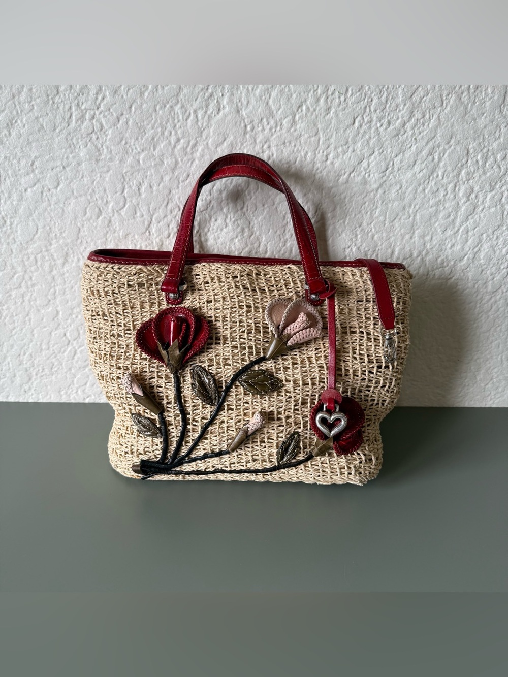 Brighton Patricia Straw 3D Floral Deep Red Leather Handbag Tote Purse